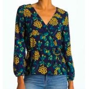 J. Crew Navy floral faux wrap long sleeve blouse Sz Small